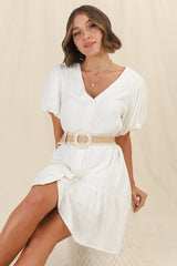 Cammy Mini Dress - V Neck Button Down Smock with Short Billow Sleeves in White