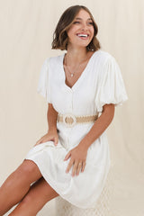 Cammy Mini Dress - V Neck Button Down Smock with Short Billow Sleeves in White