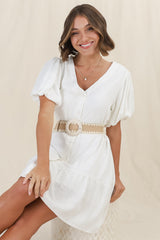 Cammy Mini Dress - V Neck Button Down Smock with Short Billow Sleeves in White