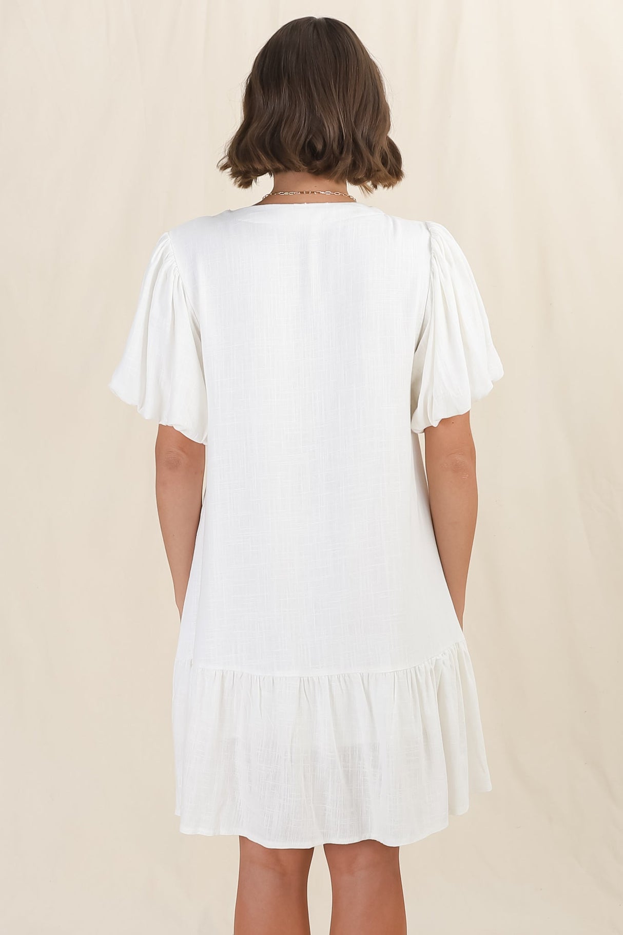 Cammy Mini Dress - V Neck Button Down Smock with Short Billow Sleeves in White