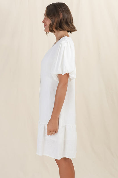 Cammy Mini Dress - V Neck Button Down Smock with Short Billow Sleeves in White