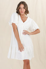 Cammy Mini Dress - V Neck Button Down Smock with Short Billow Sleeves in White