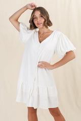 Cammy Mini Dress - V Neck Button Down Smock with Short Billow Sleeves in White