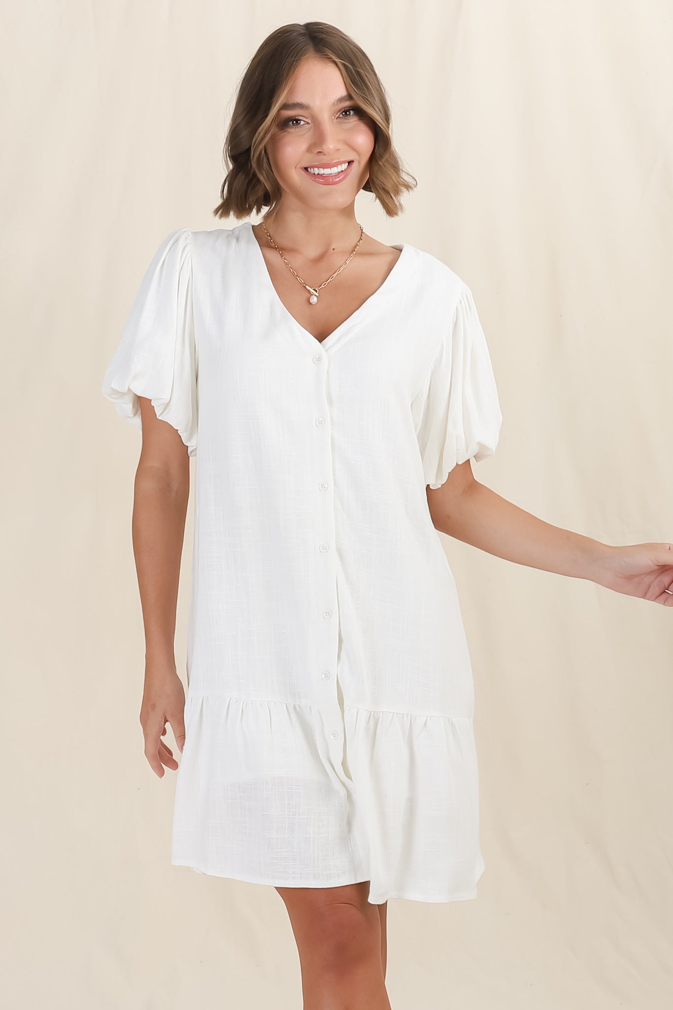 Cammy Mini Dress - V Neck Button Down Smock with Short Billow Sleeves in White