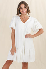 Cammy Mini Dress - V Neck Button Down Smock with Short Billow Sleeves in White