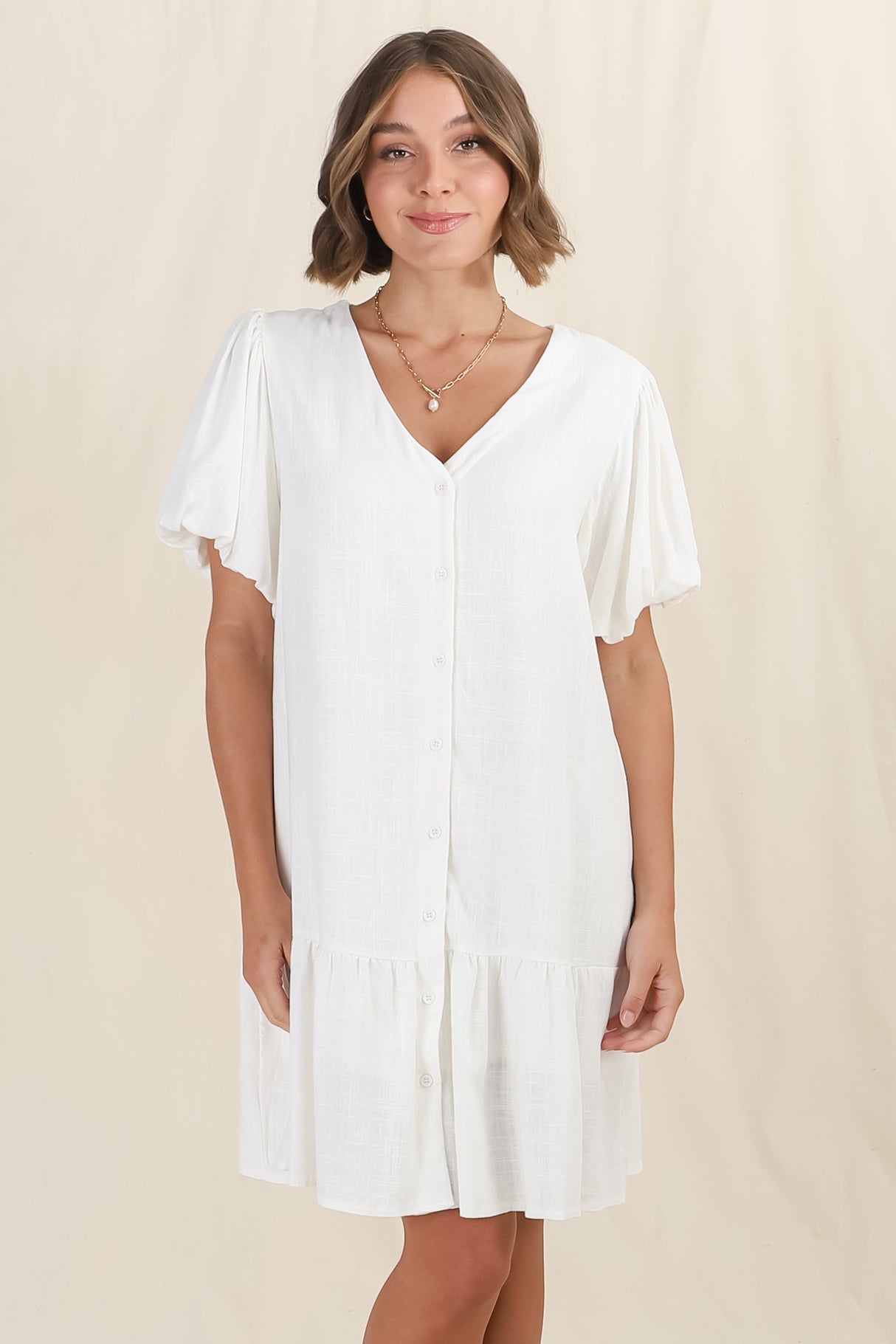 Cammy Mini Dress - V Neck Button Down Smock with Short Billow Sleeves in White