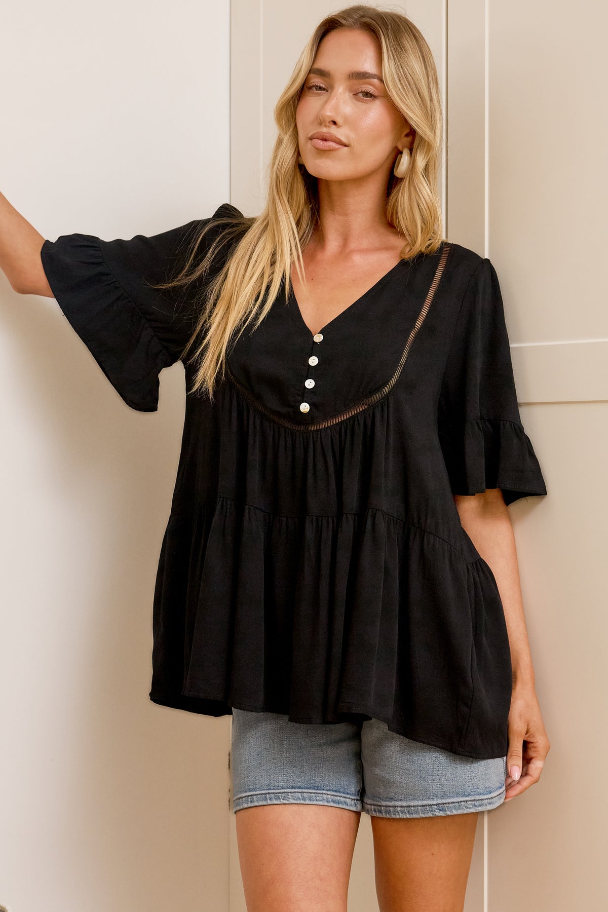 Candara Top - V Neck Ladder Trim Top with Ruffle-cuff Sleeves in Black