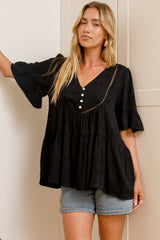Candara Top - V Neck Ladder Trim Top with Ruffle-cuff Sleeves in Black