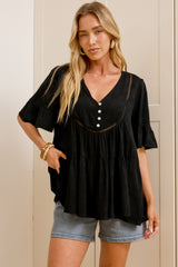 Candara Top - V Neck Ladder Trim Top with Ruffle-cuff Sleeves in Black
