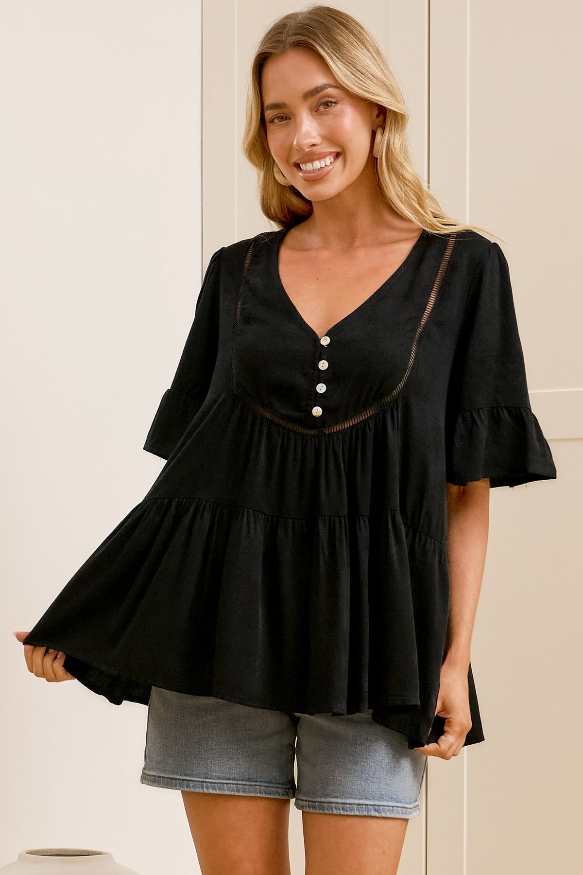 Candara Top - V Neck Ladder Trim Top with Ruffle-cuff Sleeves in Black
