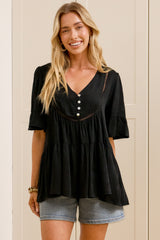 Candara Top - V Neck Ladder Trim Top with Ruffle-cuff Sleeves in Black