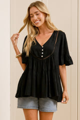 Candara Top - V Neck Ladder Trim Top with Ruffle-cuff Sleeves in Black