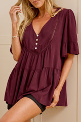 Candara Top - V Neck Ladder Trim Top with Ruffle-cuff Sleeves in Burgundy