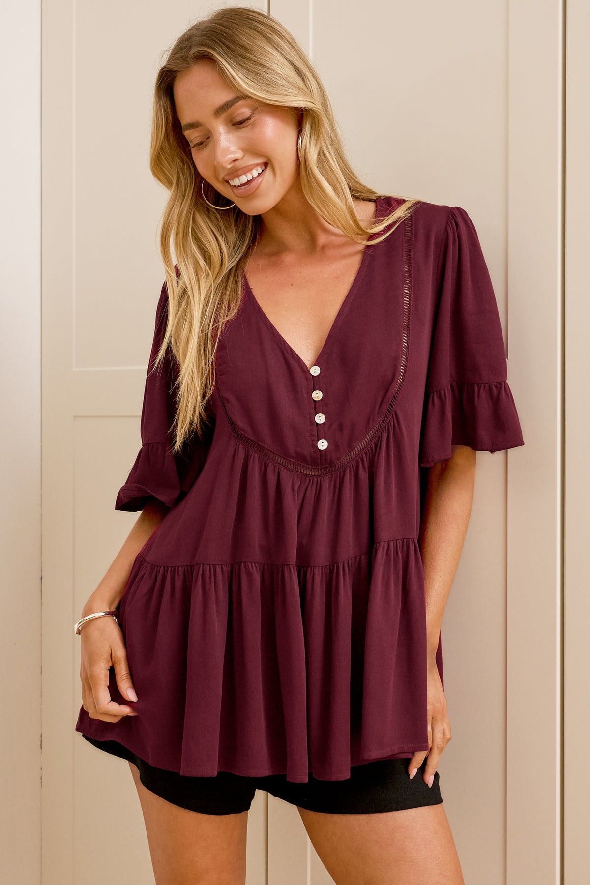 Candara Top - V Neck Ladder Trim Top with Ruffle-cuff Sleeves in Burgundy