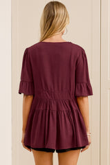 Candara Top - V Neck Ladder Trim Top with Ruffle-cuff Sleeves in Burgundy