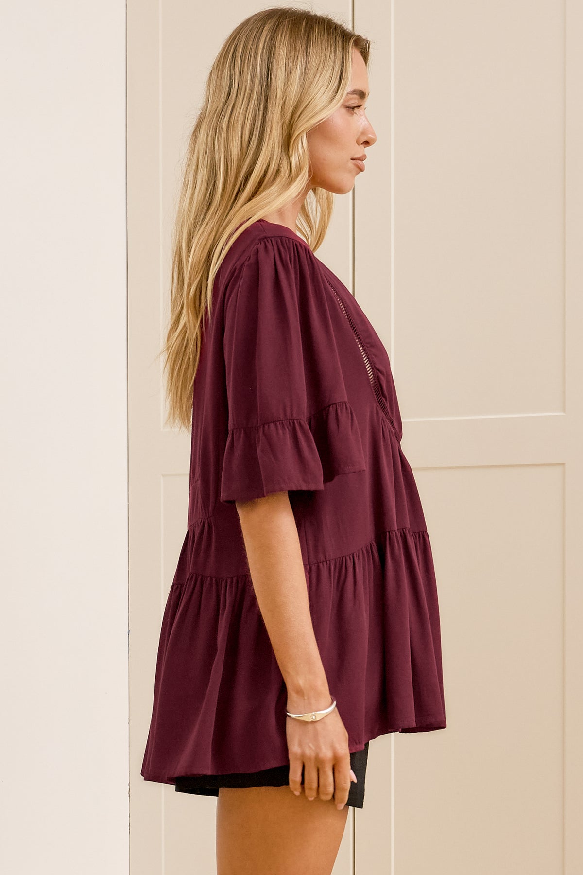 Candara Top - V Neck Ladder Trim Top with Ruffle-cuff Sleeves in Burgundy