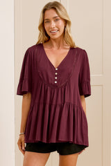 Candara Top - V Neck Ladder Trim Top with Ruffle-cuff Sleeves in Burgundy
