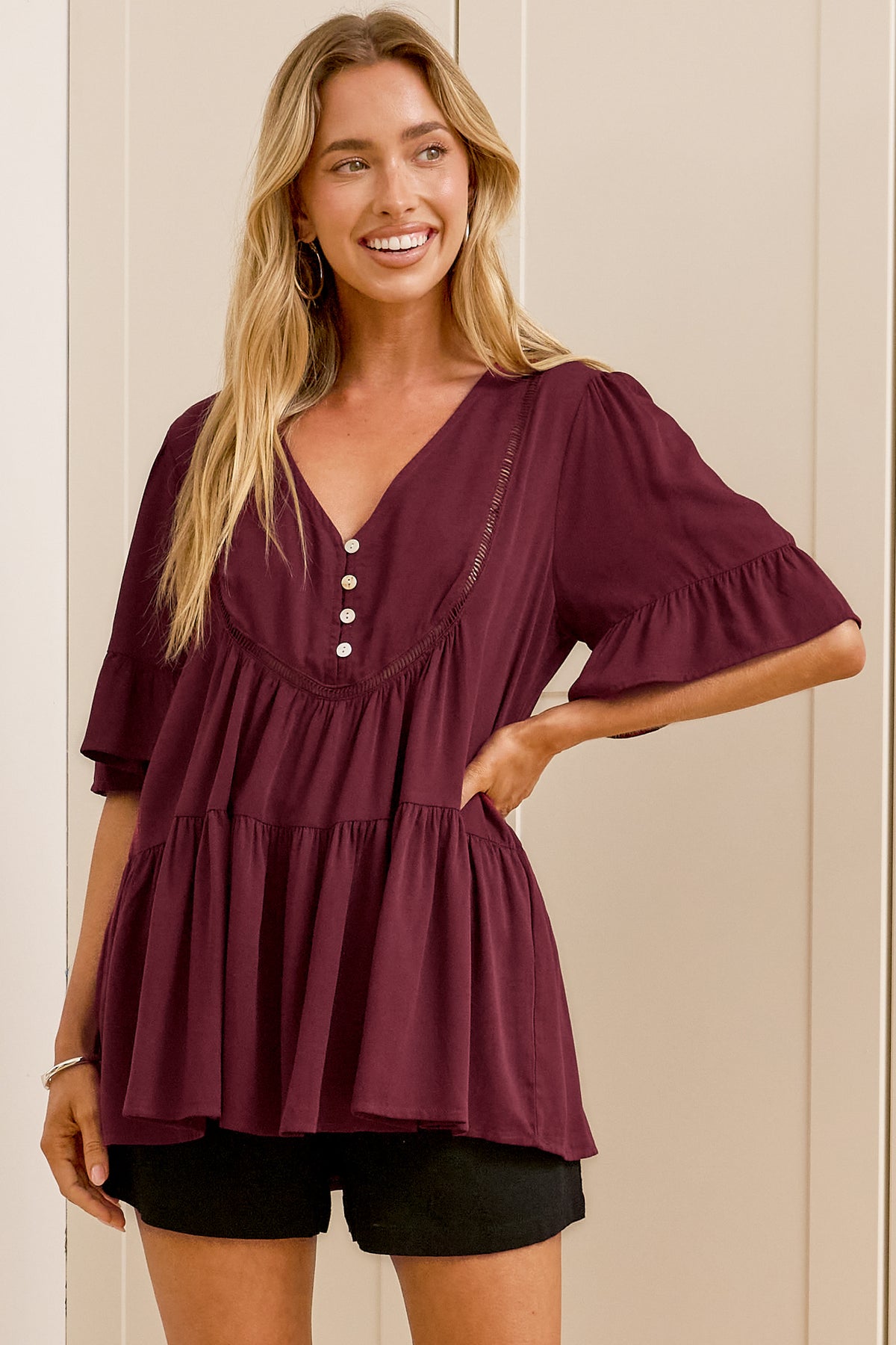Candara Top - V Neck Ladder Trim Top with Ruffle-cuff Sleeves in Burgundy