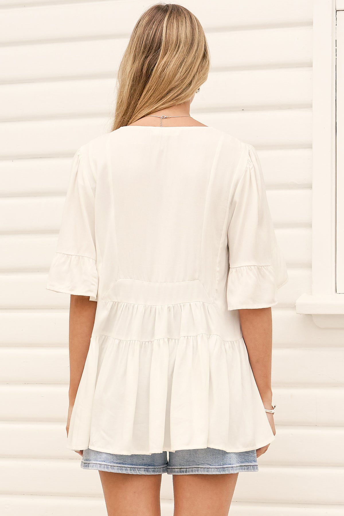 Candara Top - V Neck Ladder Trim Top with Ruffle-cuff Sleeves in White
