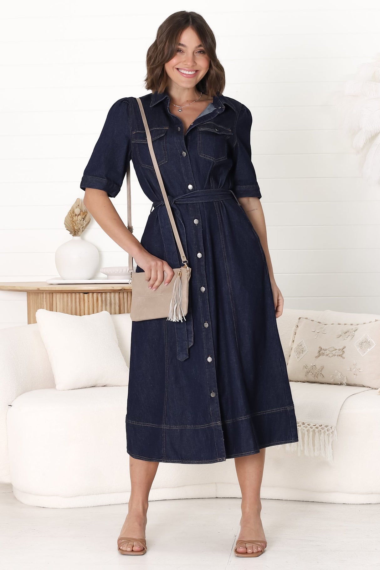 Candice Denim Midi Dress - Short Sleeve Button-Down Dress with Belt in Indigo