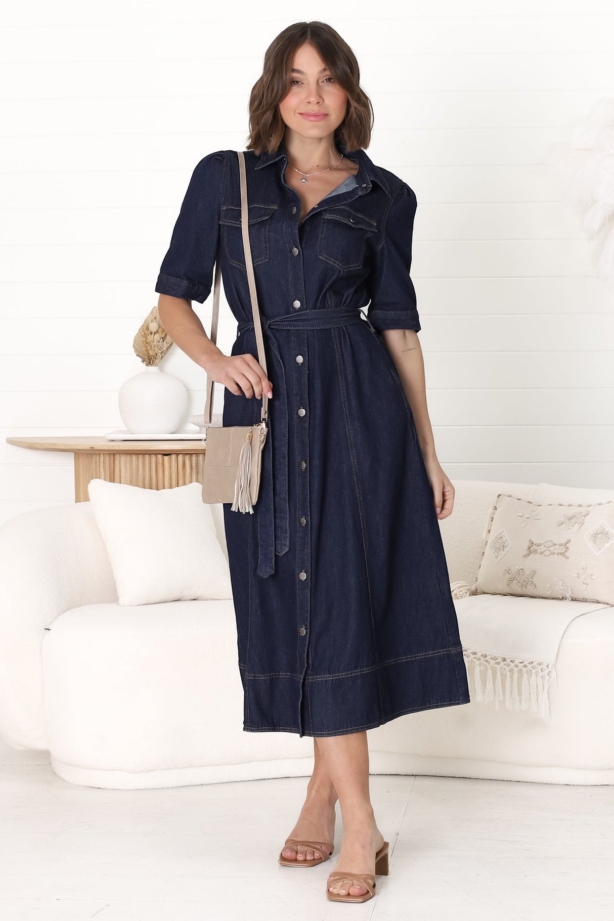 Candice Denim Midi Dress - Short Sleeve Button-Down Dress with Belt in Indigo