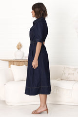 Candice Denim Midi Dress - Short Sleeve Button-Down Dress with Belt in Indigo