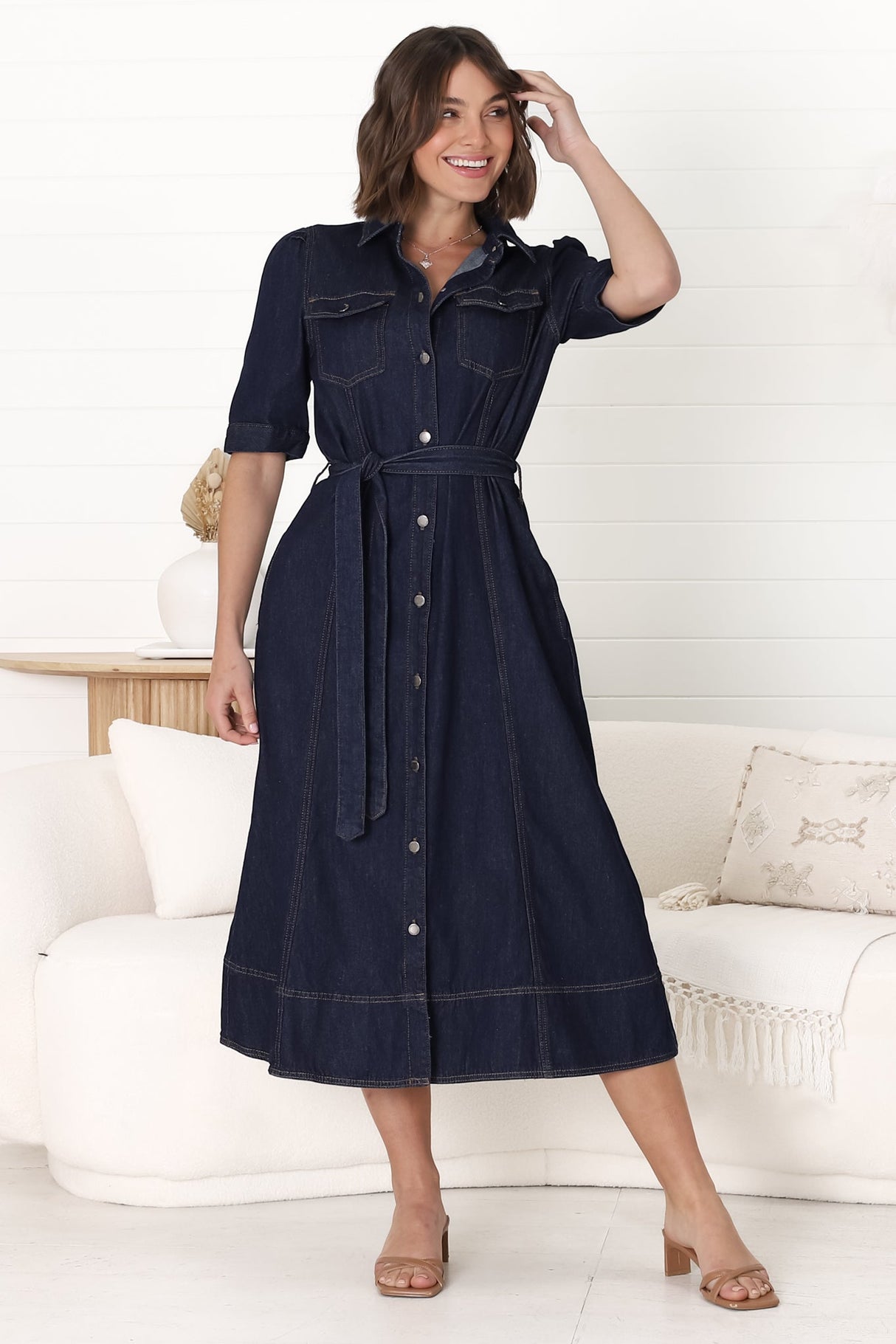 Candice Denim Midi Dress - Short Sleeve Button-Down Dress with Belt in Indigo