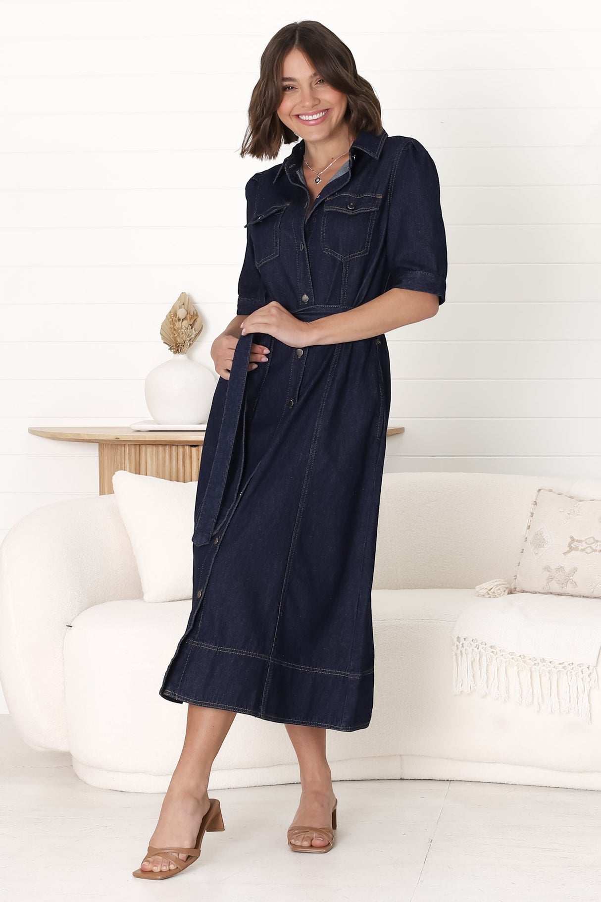 Candice Denim Midi Dress - Short Sleeve Button-Down Dress with Belt in Indigo