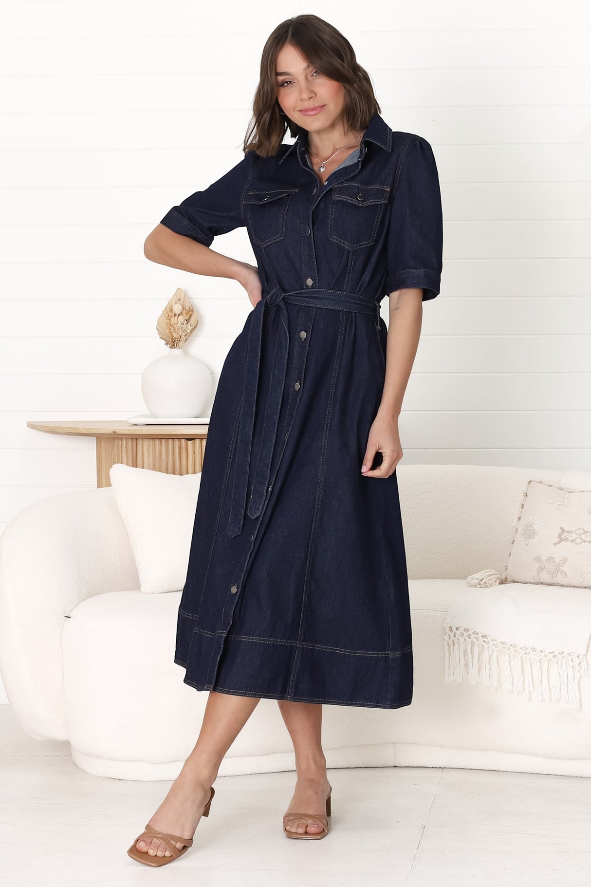 Candice Denim Midi Dress - Short Sleeve Button-Down Dress with Belt in Indigo