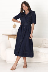 Candice Denim Midi Dress - Short Sleeve Button-Down Dress with Belt in Indigo