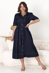 Candice Denim Midi Dress - Short Sleeve Button-Down Dress with Belt in Indigo