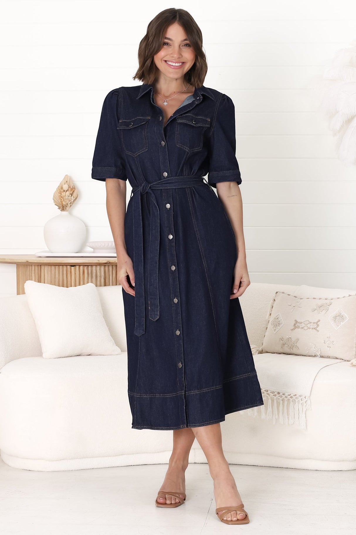 Candice Denim Midi Dress - Short Sleeve Button-Down Dress with Belt in Indigo