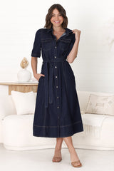 Candice Denim Midi Dress - Short Sleeve Button-Down Dress with Belt in Indigo