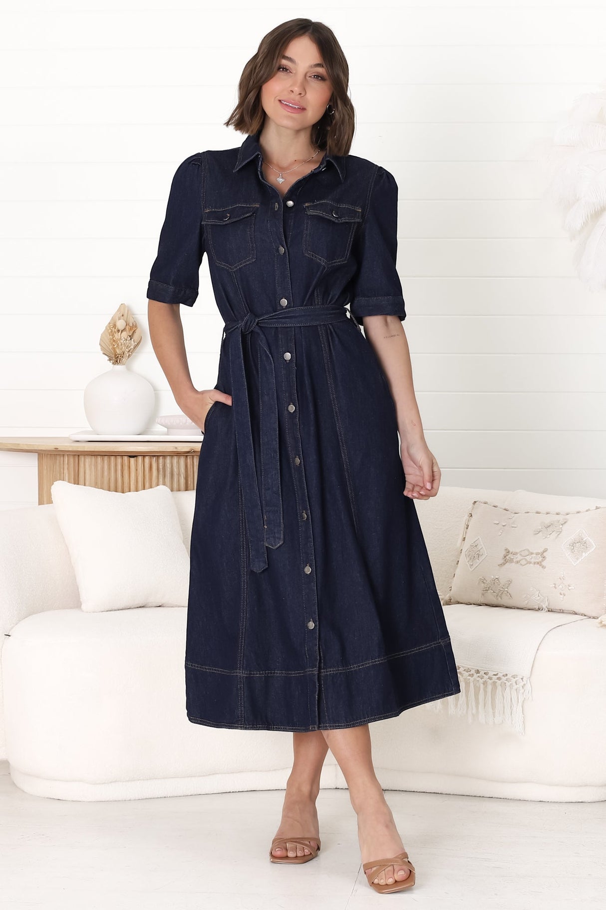 Candice Denim Midi Dress - Short Sleeve Button-Down Dress with Belt in Indigo