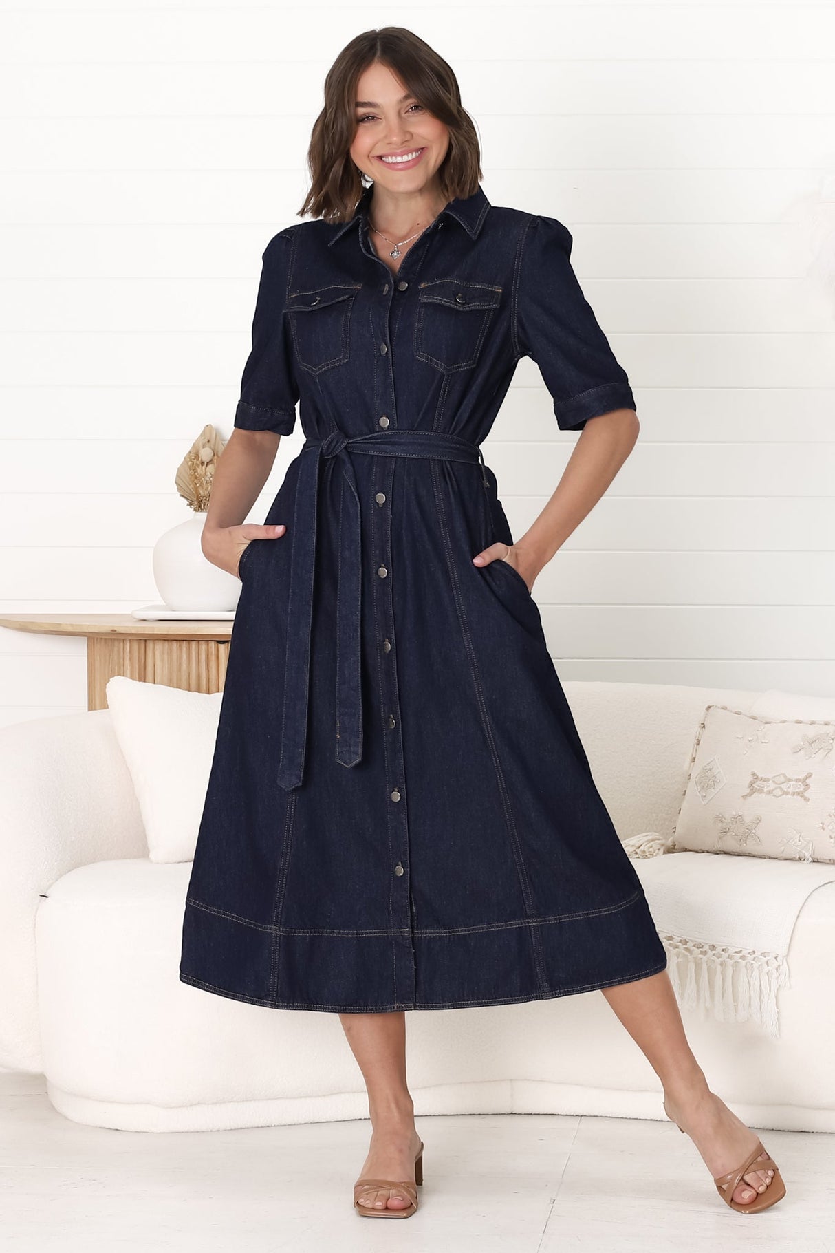 Candice Denim Midi Dress - Short Sleeve Button-Down Dress with Belt in Indigo