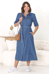 Candice Denim Midi Dress - Short Sleeve Button-Down Dress with Belt in Medium Denim