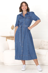 Candice Denim Midi Dress - Short Sleeve Button-Down Dress with Belt in Medium Denim