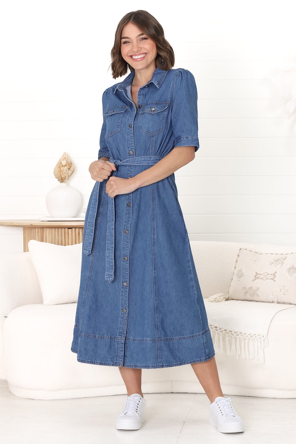 Candice Denim Midi Dress - Short Sleeve Button-Down Dress with Belt in Medium Denim