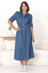 Candice Denim Midi Dress - Short Sleeve Button-Down Dress with Belt in Medium Denim