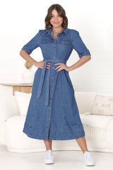 Candice Denim Midi Dress - Short Sleeve Button-Down Dress with Belt in Medium Denim