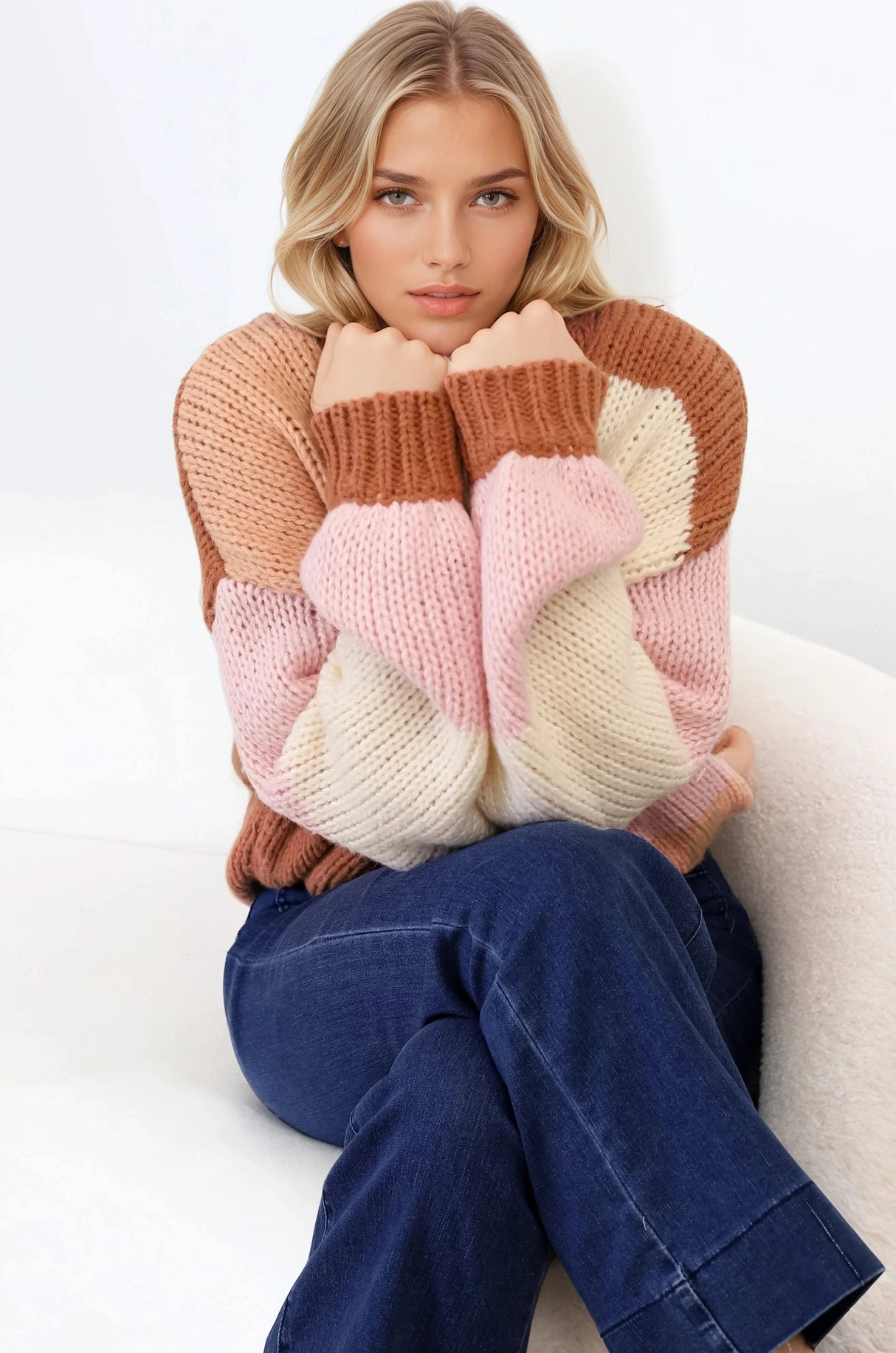 Candie Jumper - Crew Neck Colour Block Knit Jumper in Neapolitan