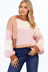 Candie Jumper - Crew Neck Colour Block Knit Jumper in Neapolitan