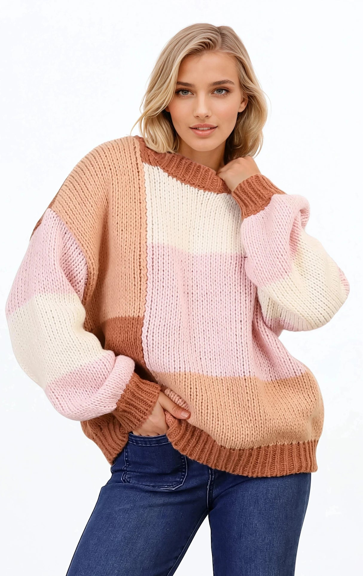 Candie Jumper - Crew Neck Colour Block Knit Jumper in Neapolitan