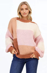 Candie Jumper - Crew Neck Colour Block Knit Jumper in Neapolitan