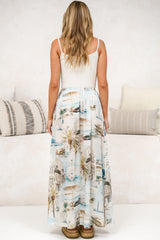 Canela Maxi Skirt - High Waisted A Line Skirt with Lace Trim Detailing in Thira Print