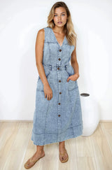 Capricorn Midi Dress - Sleeveless A-Line Denim Dress with Pockets in Denim Blue