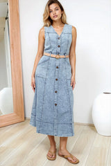 Capricorn Midi Dress - Sleeveless A-Line Denim Dress with Pockets in Denim Blue