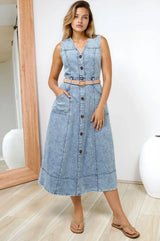 Capricorn Midi Dress - Sleeveless A-Line Denim Dress with Pockets in Denim Blue