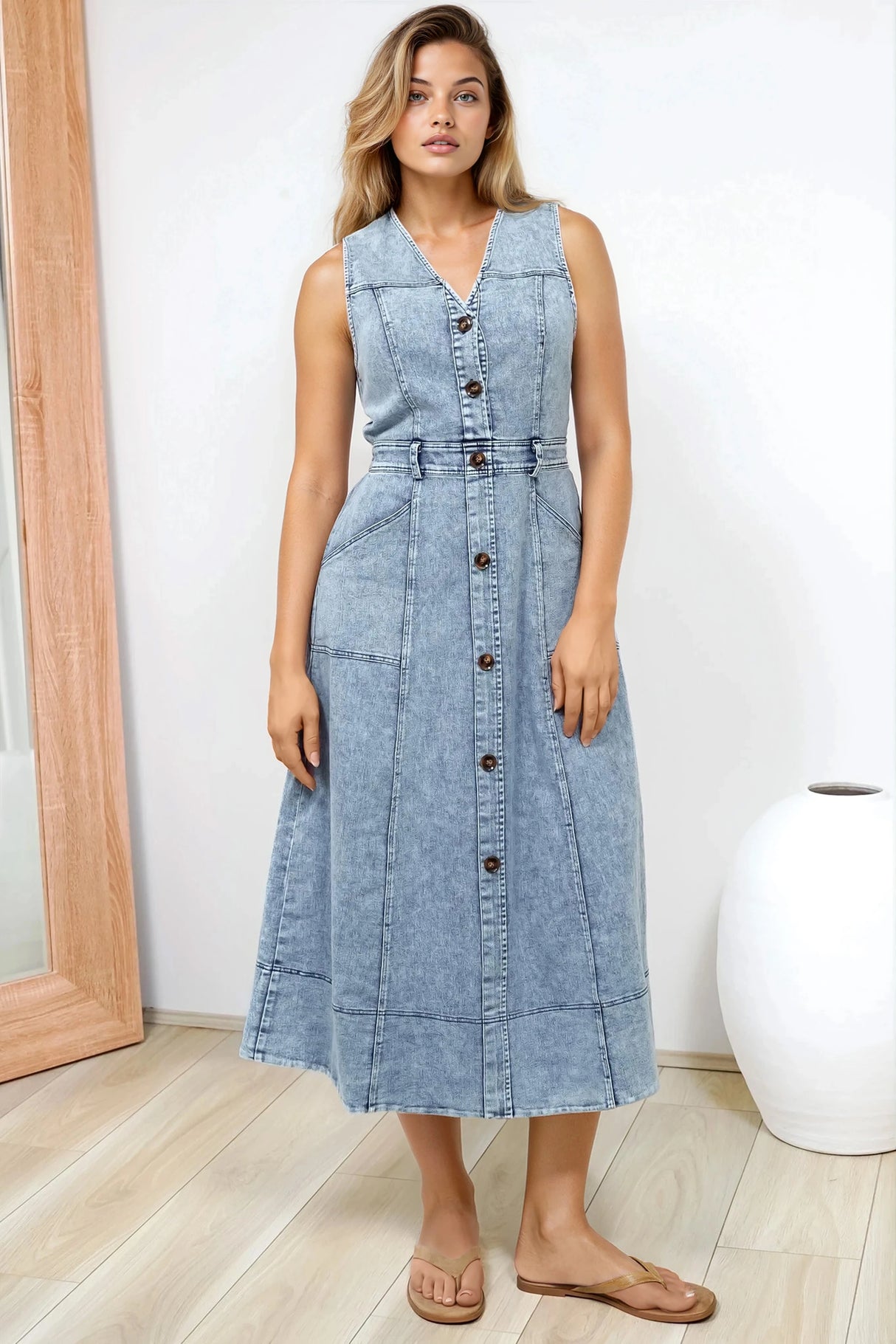 Capricorn Midi Dress - Sleeveless A-Line Denim Dress with Pockets in Denim Blue