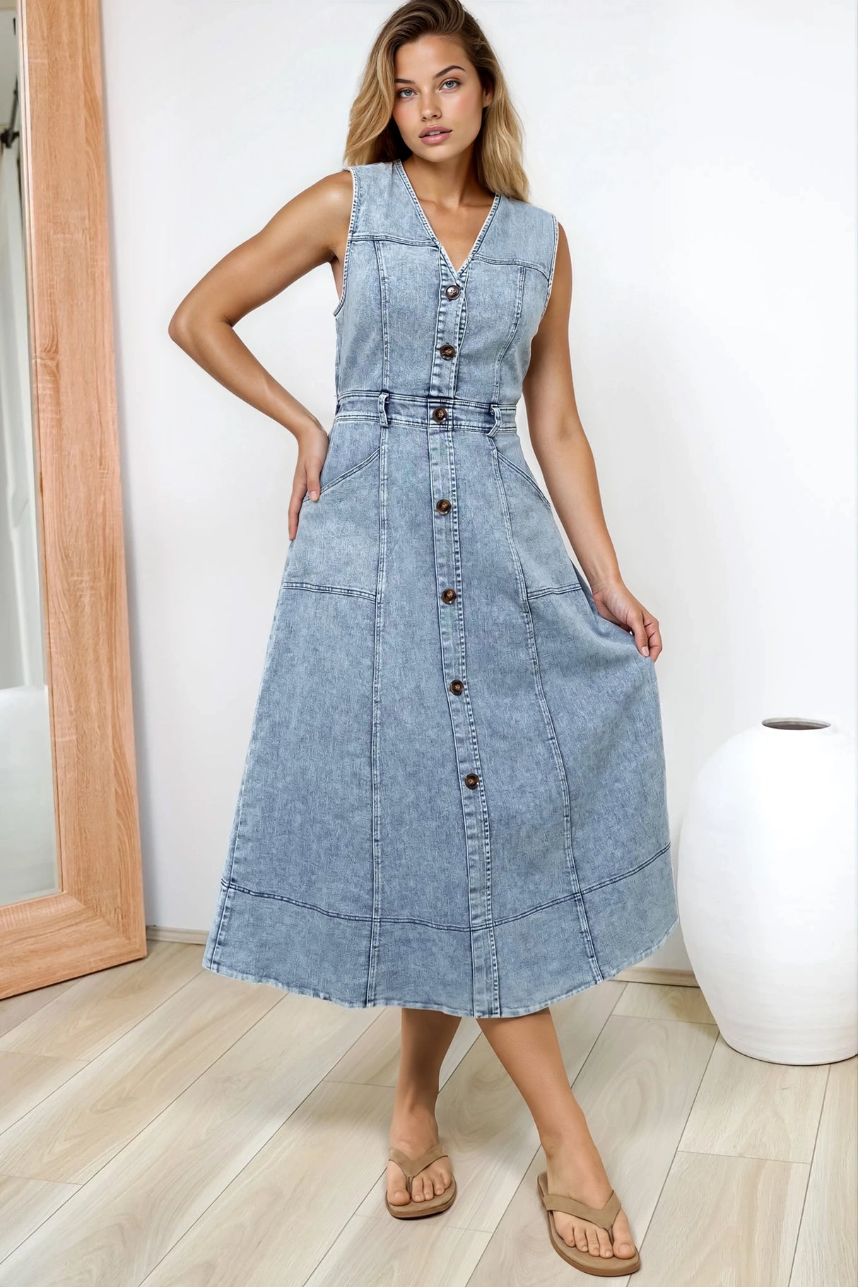 Capricorn Midi Dress - Sleeveless A-Line Denim Dress with Pockets in Denim Blue